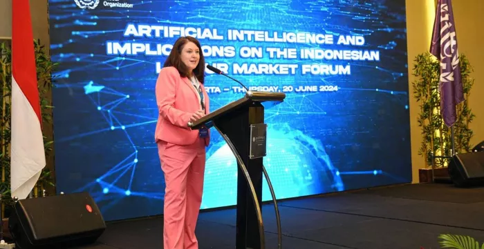 Celeste Drake, ILO Deputy Director-General, gives an opening remark at the High-Level AI Forum in Jakarta, Indonesia on 20 June. 