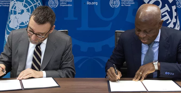 Ratification ceremony of Convention No. 190, 16 February 2024: Mr Rui Macieira – Portugal Ambassador to the UN Office and other international organizations in Geneva and ILO DG Gilbert F. Houngbo